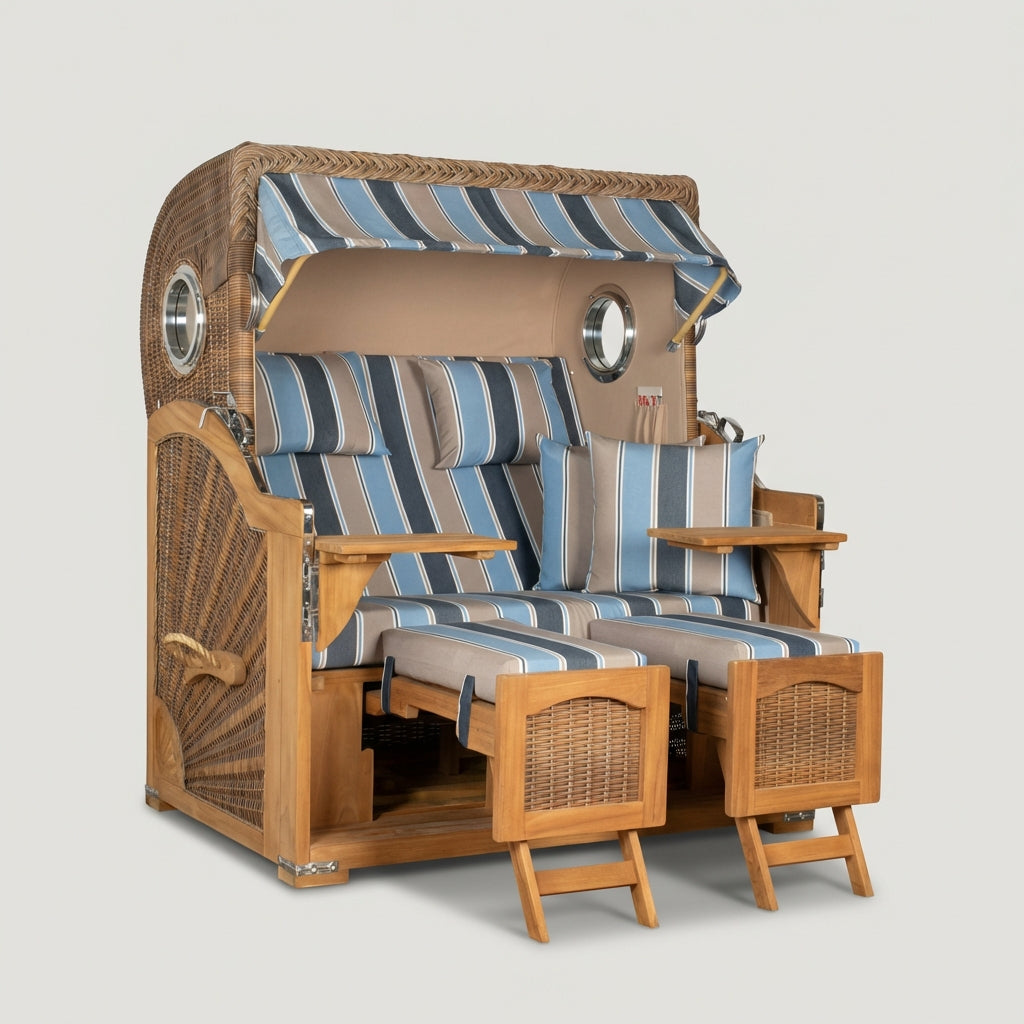 Strandkorb Düne Grande 2-Sitzer aus Teak mit Bullauge in maritimem Streifendesign