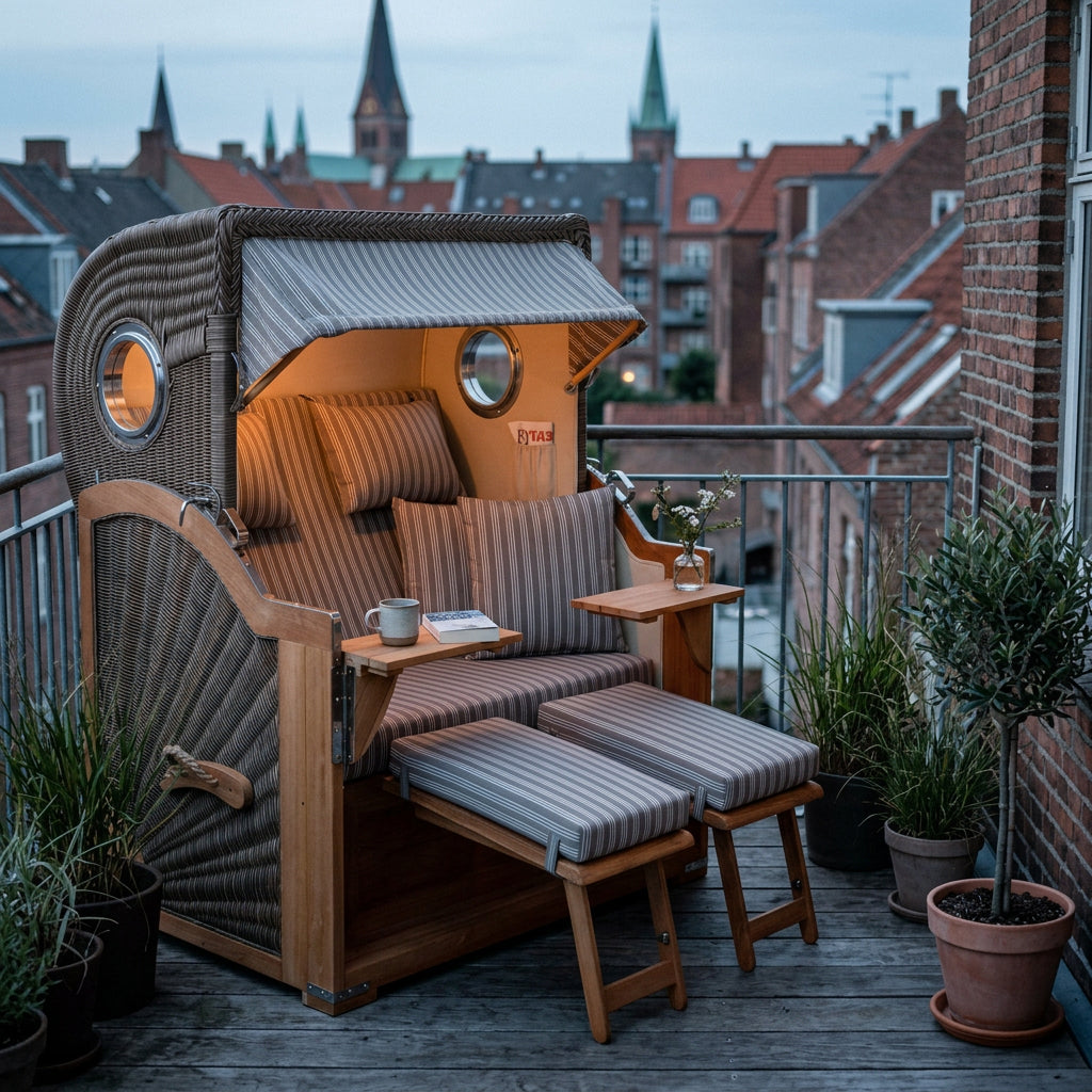 Strandkorb Baltikum mit Bullauge aus Teakholz in elegantem Grau