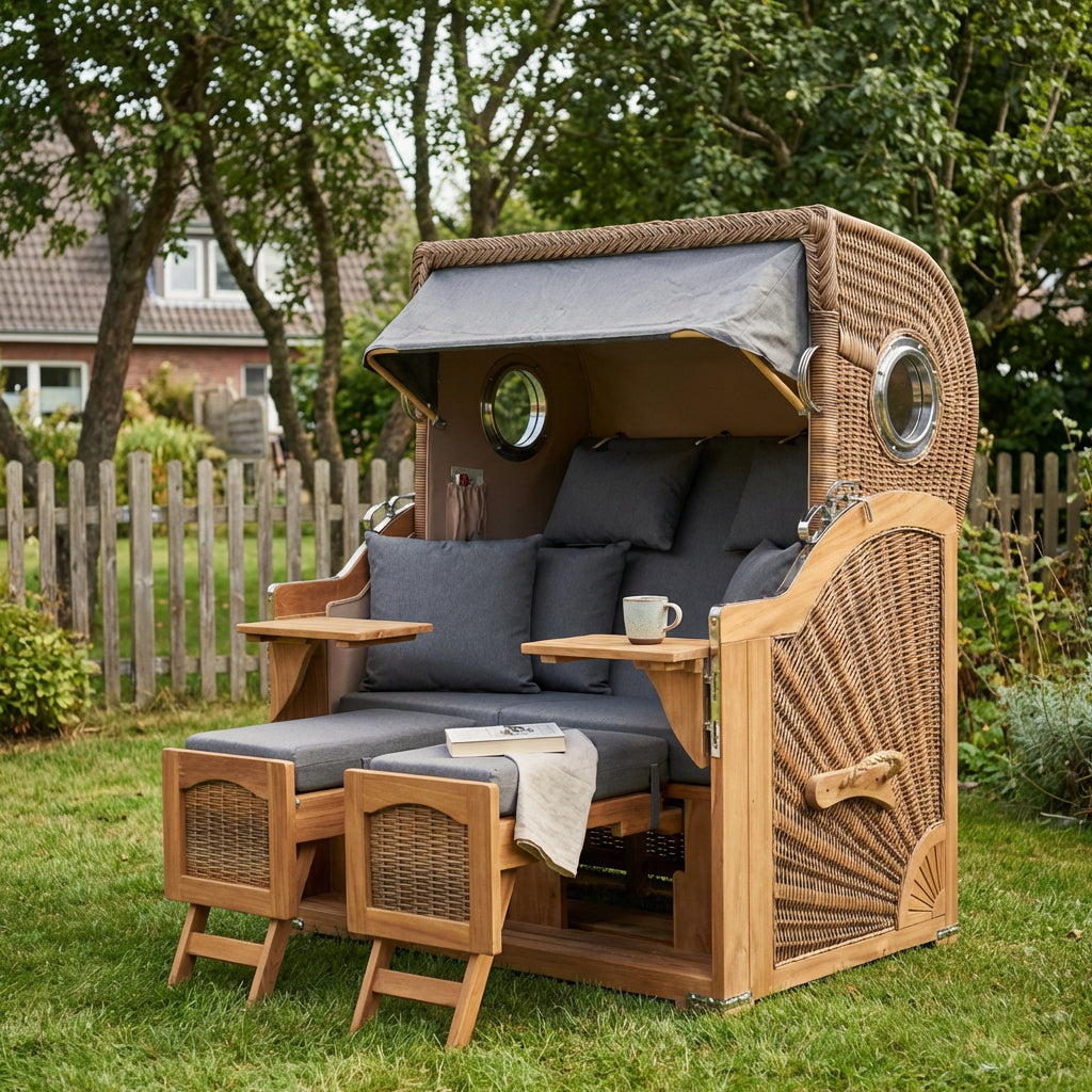 Strandkorb Düne Grande Bullauge Teak PE Banana Dessin 551 - Bild 3