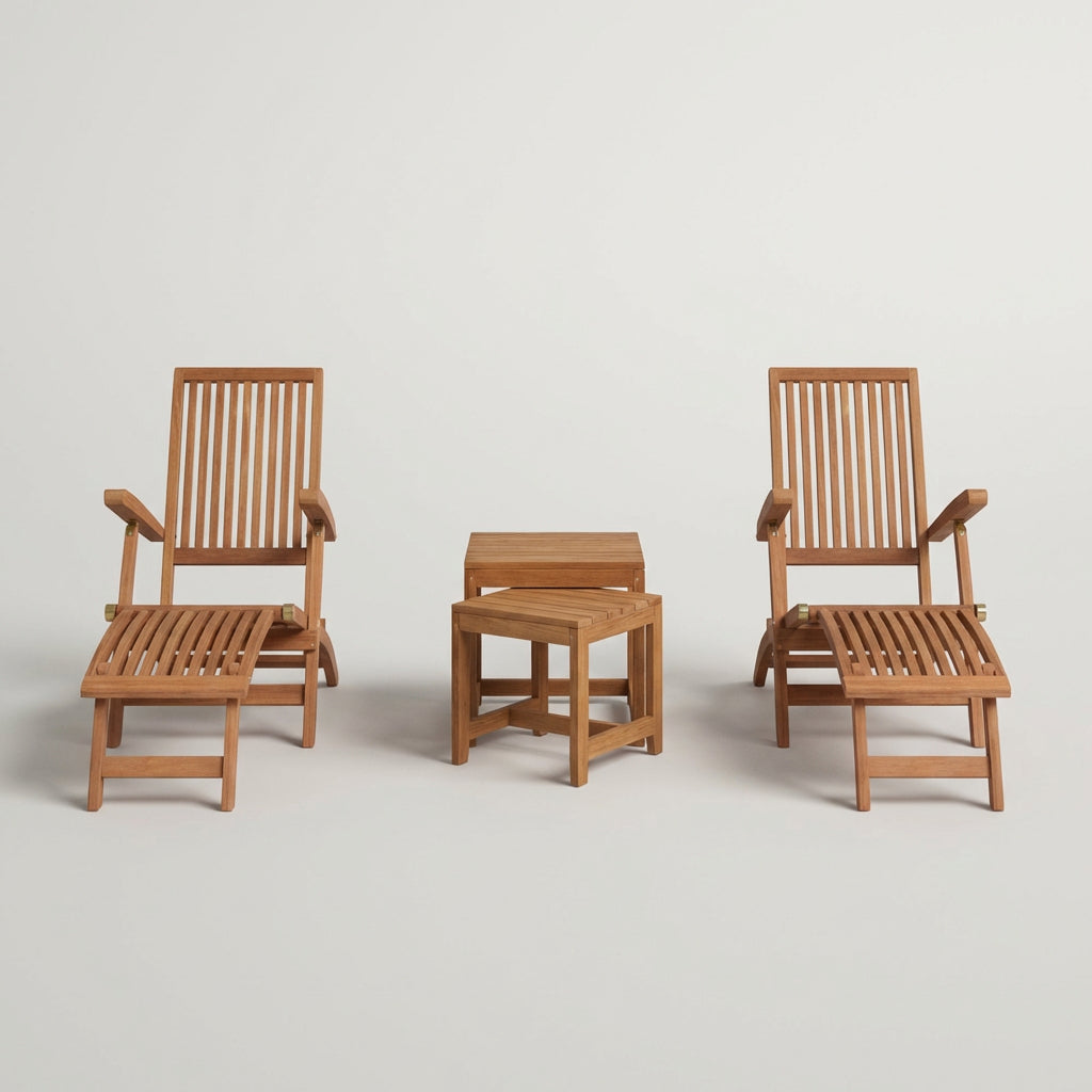 Deckchair-Set Yacht 2er aus massivem Teakholz mit Beistelltischen Verwood