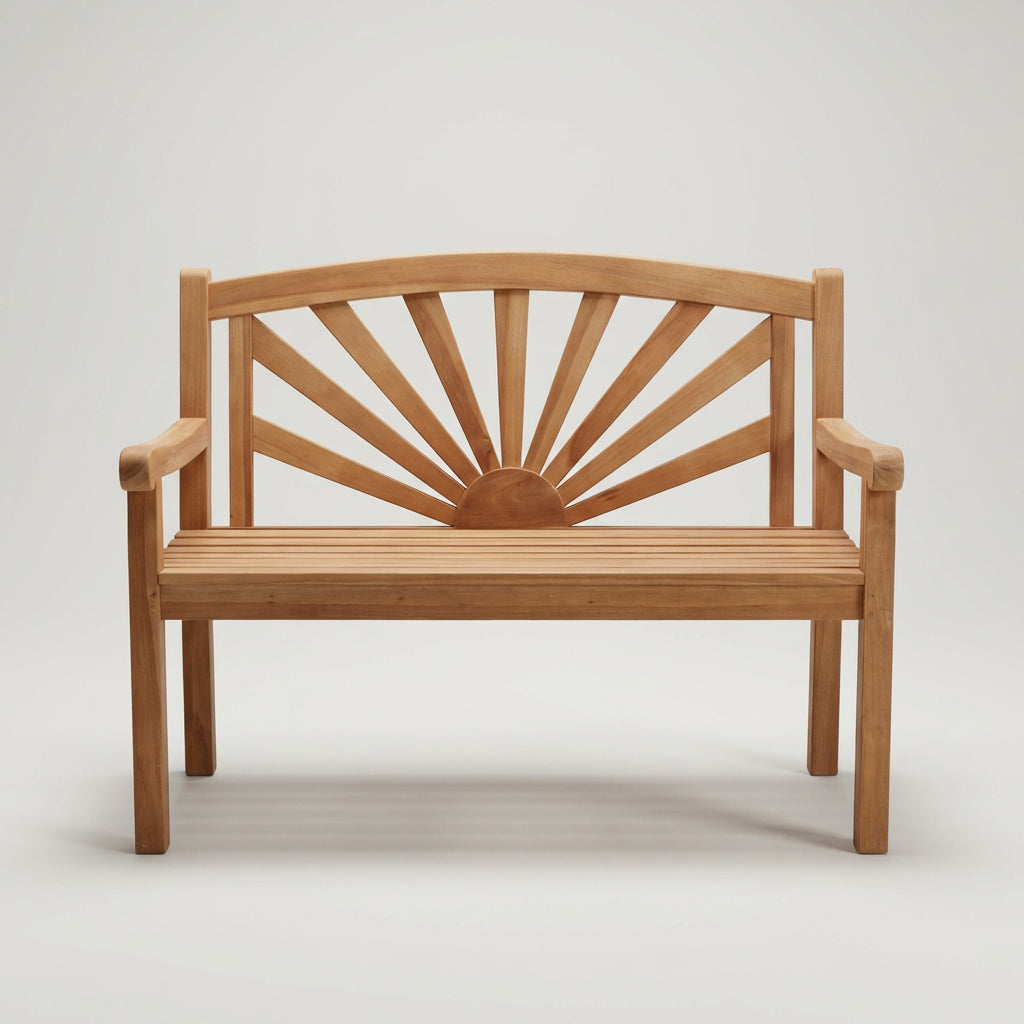 Gartenbank Sonne 120 cm aus massivem Teakholz mit Sonnenstrahlen-Design