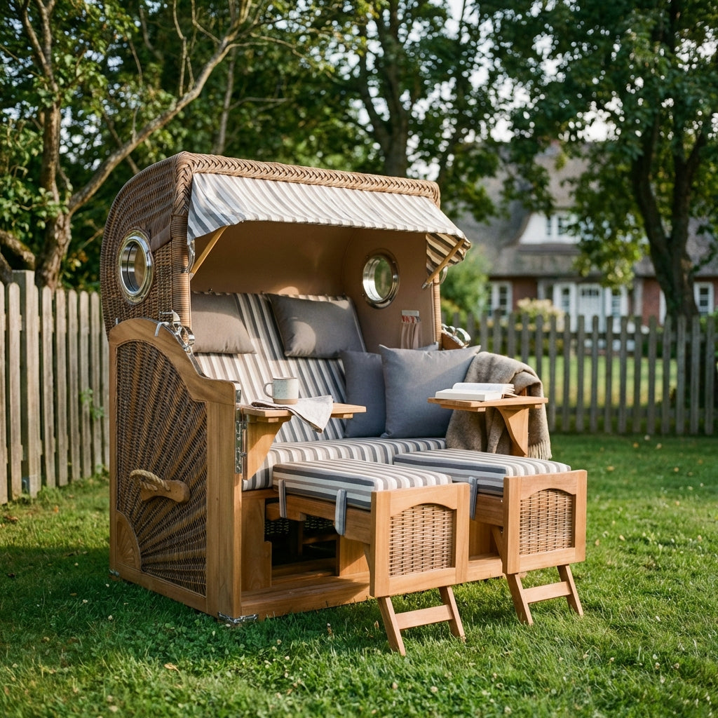 Strandkorb Düne Grande 2-Sitzer in Polyrattan Banana mit Bullauge