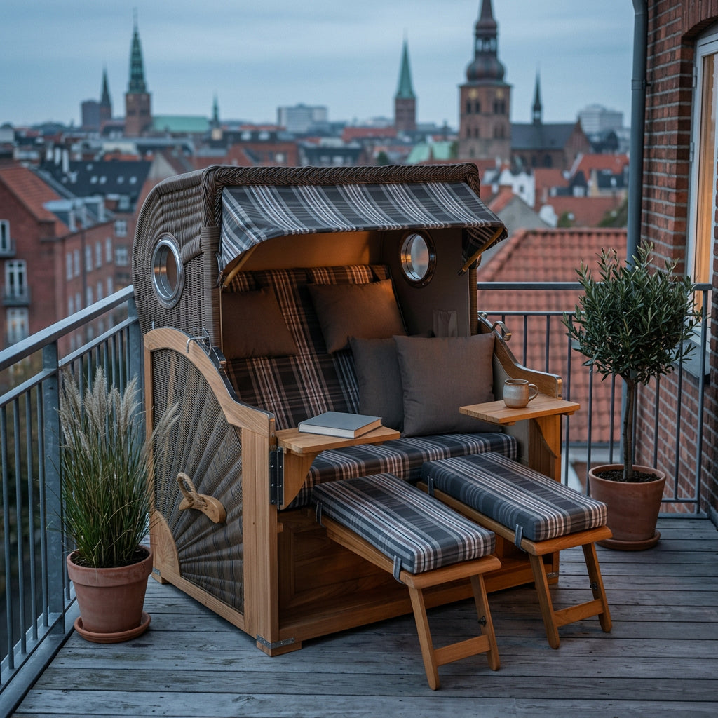 Strandkorb Baltikum 2-Sitzer in Teak mit Bullauge und Polyrattan in Grau