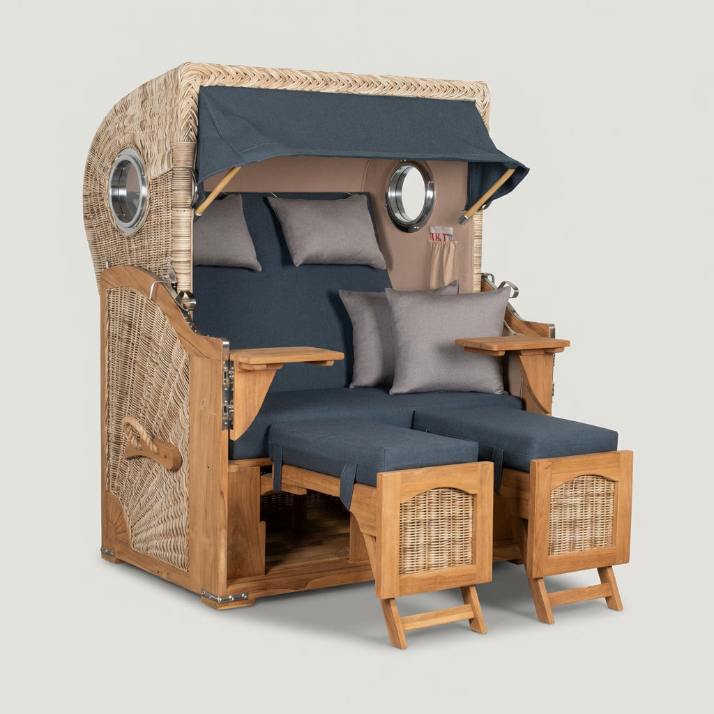 Strandkorb Düne 2-Sitzer aus Teak und Polyrattan in tiefem Blau