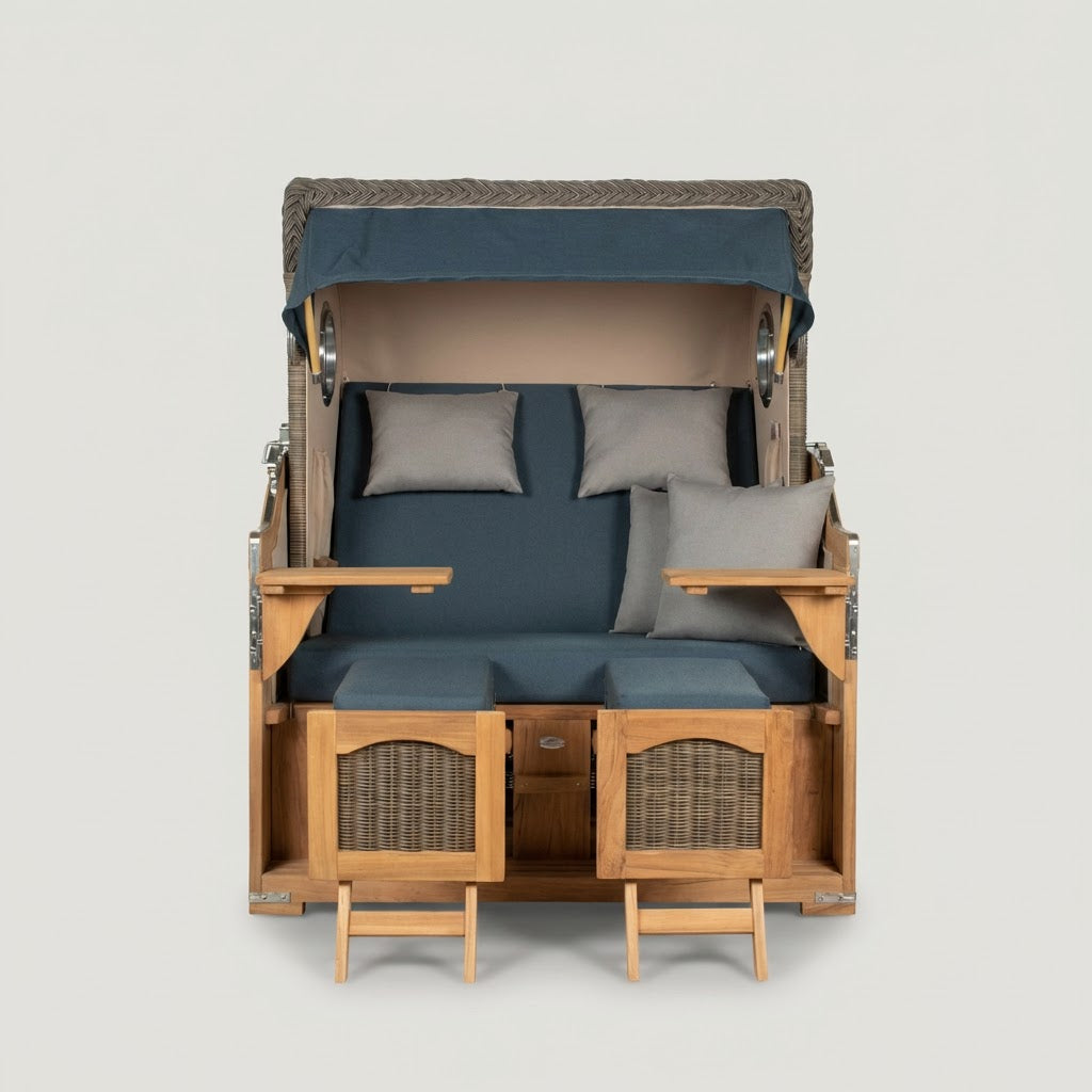Strandkorb Düne Grande 2-Sitzer aus Teakholz mit Bullaugen in PE Grey