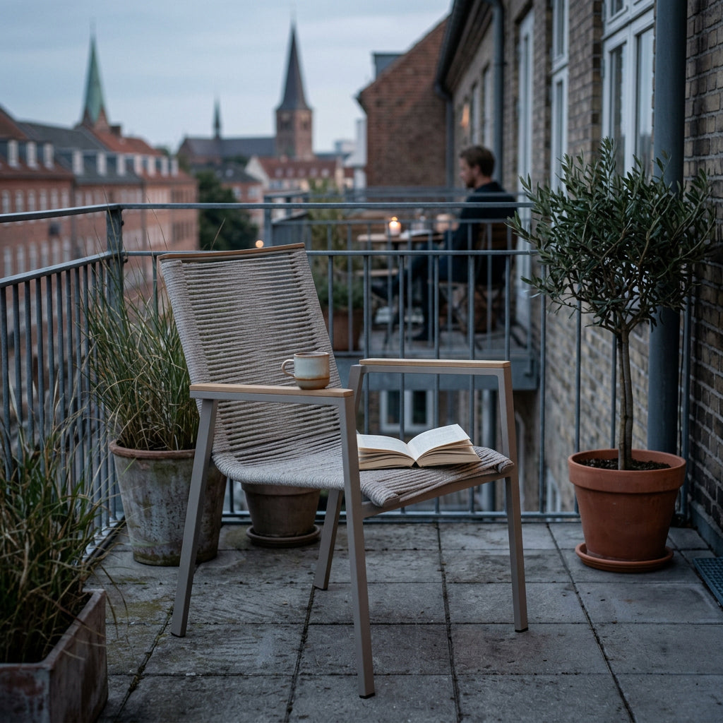 Stapelstuhl Alicante Elfenbein und Teakarmlehnen