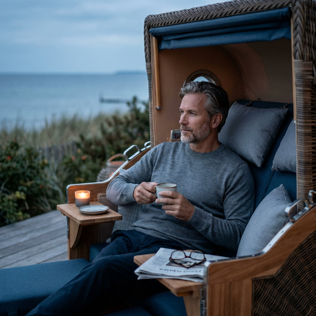 Strandkorb Düne Grande 2-Sitzer aus Teakholz mit Bullaugen in PE Grey