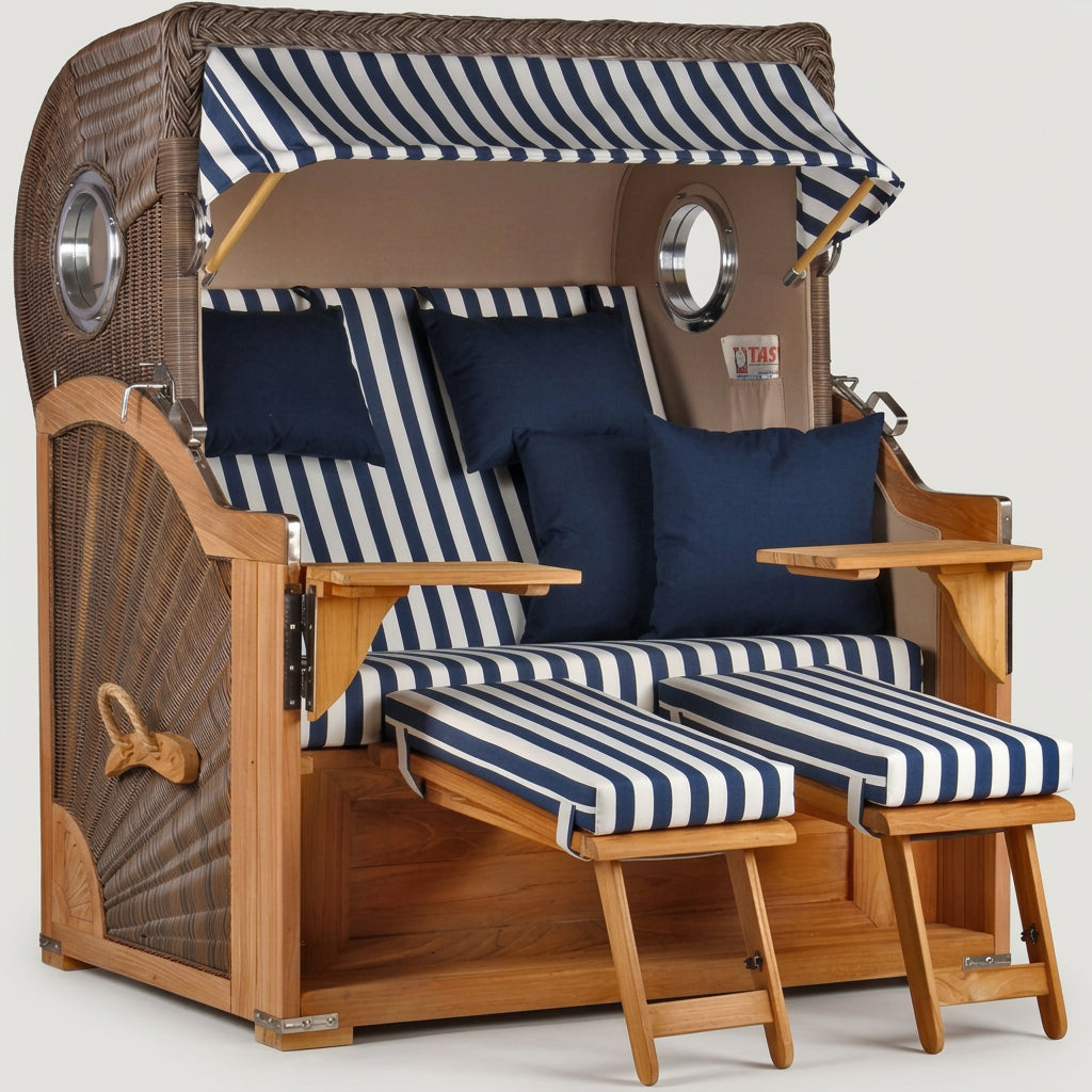 Strandkorb Baltikum 2-Sitzer aus Teak und Polyrattan mit Bullauge